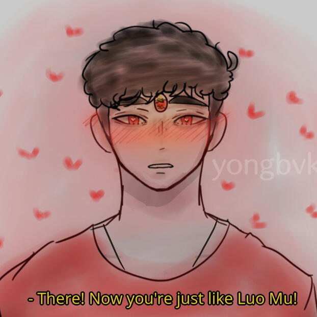 Luo Binghe with a banana sticker on his forehead with the text "There! Now you're just like Luo Mu!" written underneath